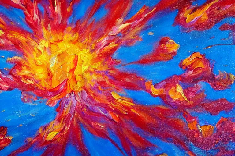 Prompt: oil painting, close-up of giant flower explosion, clean blue sky, in style of 80s sci-fi book art