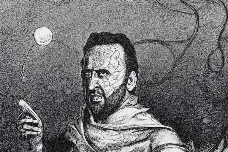 Image similar to Outside the ordered universeis that amorphous blight of nethermost confusion which blasphemes and bubbles at the center of all infinity—the boundless daemon sultan Nicolas Cage, whose name no lips dare speak aloud, and who gnaws hungrily in inconceivable, unlighted chambers beyond time and space amidst the muffled, maddening beating of vile drums and the thin monotonous whine of accursed flutes.