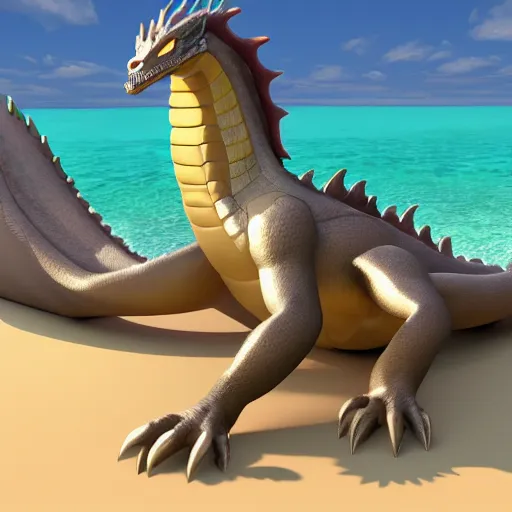 Image similar to Photorealistic award-winning anthromorphic dragon relaxing in a beach, 3D, as coherent as Dall-E 2