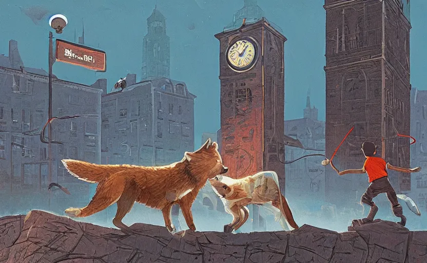 Image similar to a boy fighting a wolf on the edge of a clocktower, by simon stalenhag gouache, print