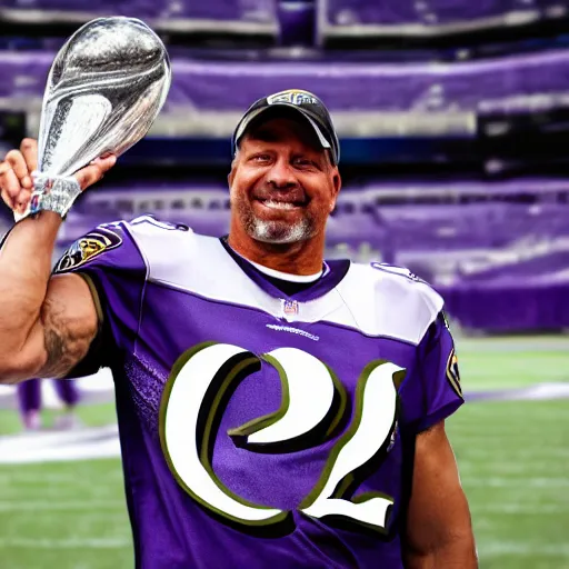 Prompt: portrait of Chuck Clark of the Baltimore Ravens holding the Lombardi Trophy, extremely detailed, detailed and realistic face, photo realistic, 8k