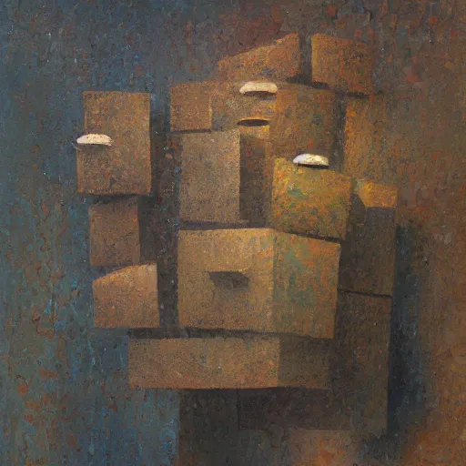 Prompt: an impasto detailed painting by shaun tan of an abstract forgotten sculpture by the caretaker and ivan seal