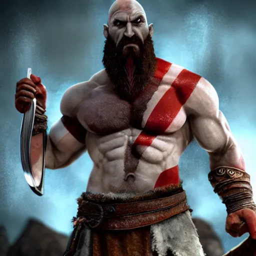 Prompt: Kratos the God of War biting into a juicy burger, photorealistic, 4k render, gritty image, high key lighting