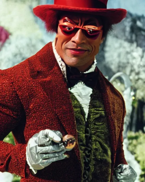 Image similar to Film still close-up shot of Dwayne Johnson as Willy Wonka from the movie Willy Wonka & The Chocolate Factory. Photographic, photography