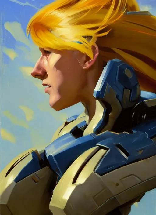 Image similar to Greg Manchess painting of Samus from Metroid Prime, countryside, calm, fantasy character portrait, dynamic pose, above view, sunny day, thunder clouds in the sky, artwork by Jeremy Lipkin and Giuseppe Dangelico Pino and Michael Garmash and Rob Rey, very coherent asymmetrical artwork, sharp edges, perfect face, simple form, 100mm