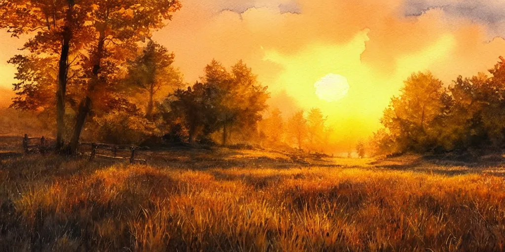 Image similar to golden hour nature landscape, watercolor, ultra realistic, highly detailed, hd, sharp focus, cinematic lighting, warm colors, realistic, photorealistic, vivid colors, painting, digital art, non blurry, sharp, artstation, smooth, illustration