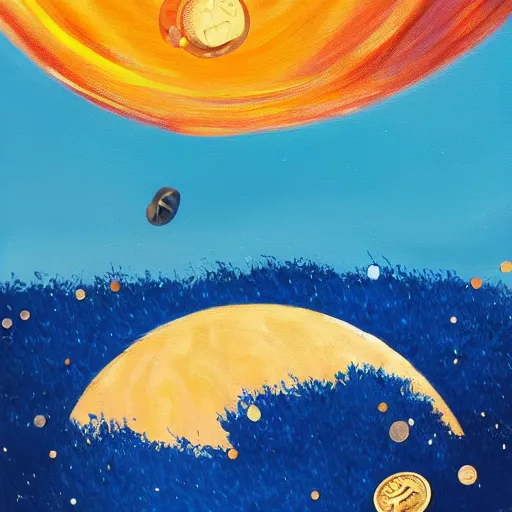 Prompt: a painting of a coin crashing into the moon