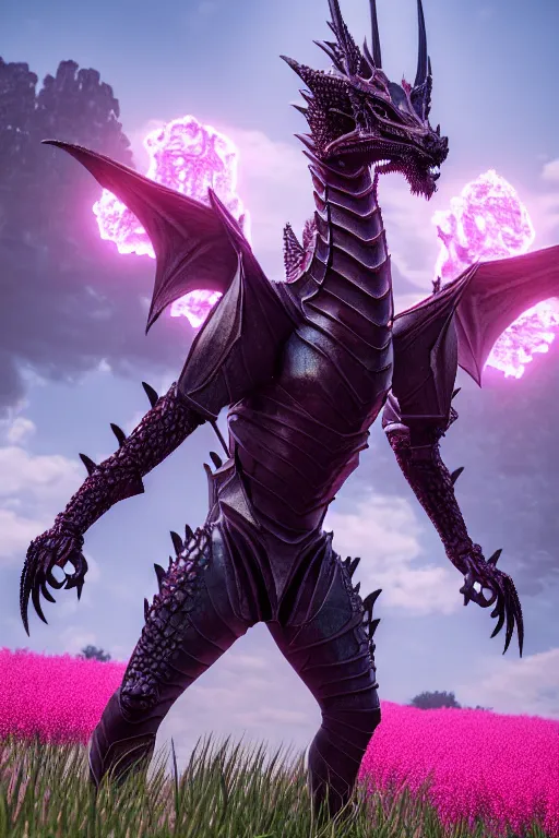 Image similar to high quality 3 d neo - gothic armored human dragon hybrid with sword in a field of pink flowers, highly detailed unreal engine, vitaly bulgarov dramatic dark teal light, ground angle hd 8 k, sharp focus