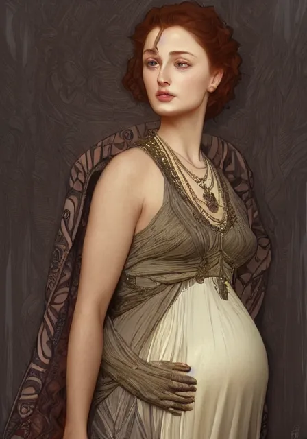 Prompt: sansa pregnant mummy, intricate, elegant, highly detailed, digital painting, artstation, concept art, smooth, sharp focus, illustration, art by artgerm and greg rutkowski and alphonse mucha and william - adolphe bouguereau