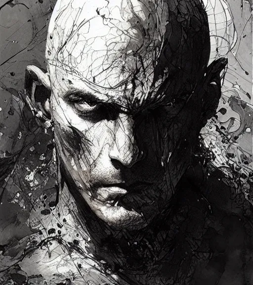 Image similar to portrait of menacing bald man with burn scars in scale armor, pen and ink, intricate line drawings, by craig mullins, ruan jia, kentaro miura, greg rutkowski, loundraw