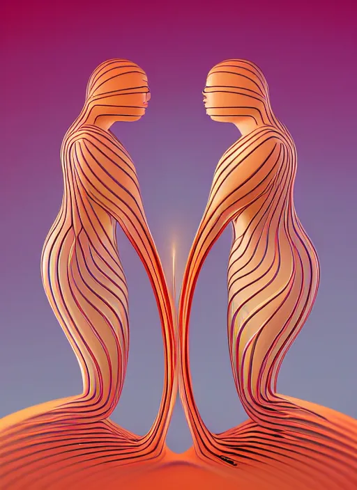 Prompt: style of santiago calatrava, perfectly centered symmetrical balanced male and female portrait of man and woman in love sharing one heart. high coherence ; fractal geometrical cartoon 8 k ultra hd