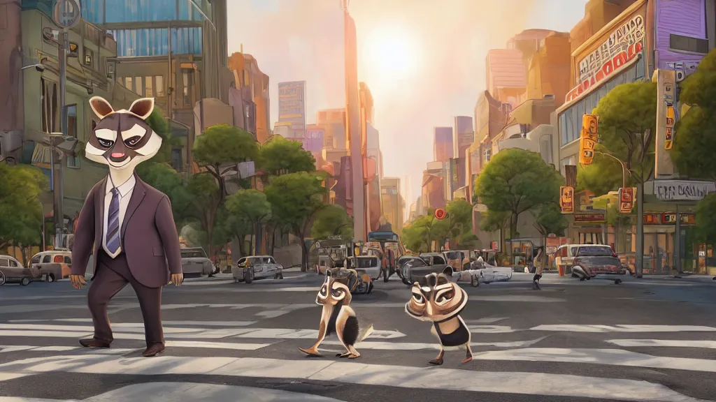 Image similar to An anthropomorphic raccoon businessman walking down a busy crosswalk at sunset, warm lighting, zootopia, other anthro characters are walking by him, extremely detailed, HDR