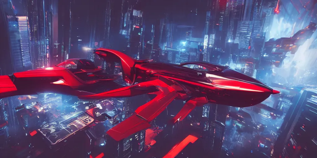 Image similar to cyberpunk concept inspired jet, futuristic look, highly detailed body, aerodynamic body, photorealistic camera shot, bright studio setting, studio lighting, crisp quality and light reflections, unreal engine 5 quality render, red and black tones, shooting