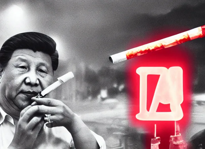 Prompt: xi jinping smoking a cigarette, heroic shot, post apocalyptic, future, cyber - punk, 8 0 s, wide shot, at night, neon lights
