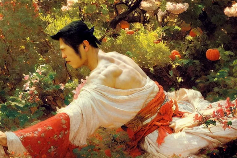 Prompt: wuxia, autumn, male rest in the garden, apricot flower falling, painting by gaston bussiere, craig mullins, j. c. leyendecker