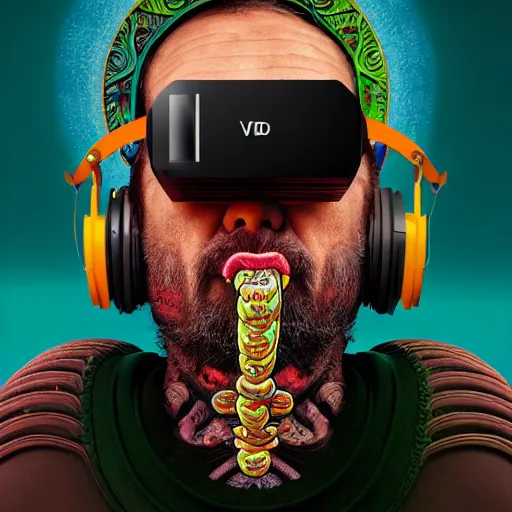 Image similar to Colour Photography of 1000 years old man with highly detailed 1000 years old face wearing higly detailed cyberpunk VR Headset designed by Josan Gonzalez. Man eating higly detailed hot-dog. In style of Josan Gonzalez and Johannes Vermeer and Mike Winkelmann and Caspar David Friedrich. Rendered in Blender