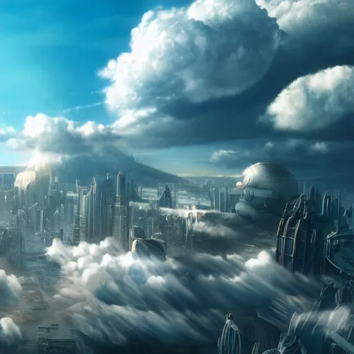 Image similar to cloud city, highly detailed, dramatic lighting, cinematic, 4k