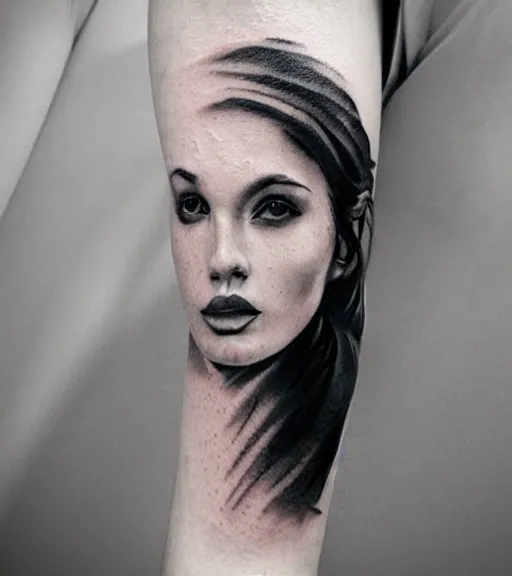 Image similar to tattoo design sketch of a beautiful woman face with a faded background of beautiful mountain nature on her side, hyper - realistic, double exposure effect, in the style of den yakovlev, amazing detail, black and white, faded