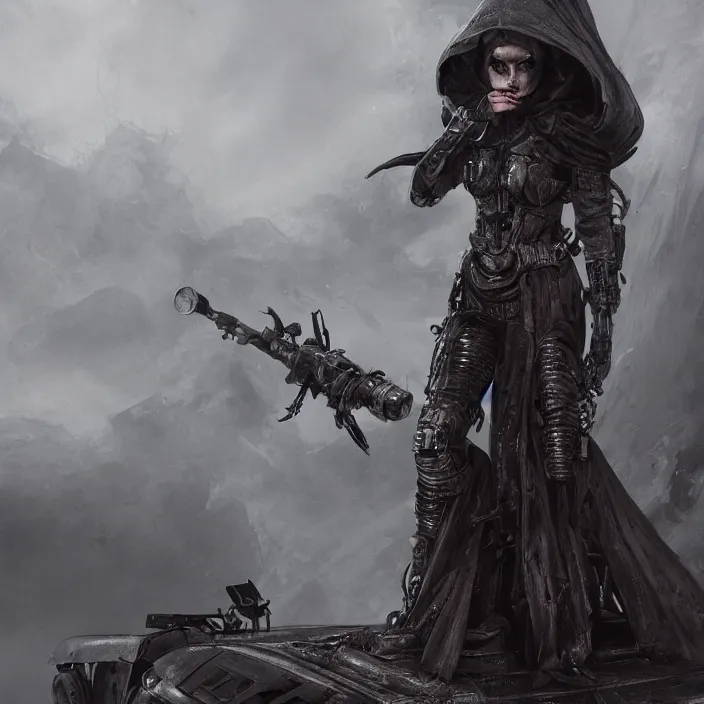 Image similar to beautiful apocalyptic woman in hooded cloak, standing on mad max panzer tank, hyper-detailed, smooth, sharp focus, 4k ultra hd, fantasy dark art, tank girl, artgerm, artstation, octane render, elegant, detailed digital painting, apocalyptic art, Francis bacon, unreal engine