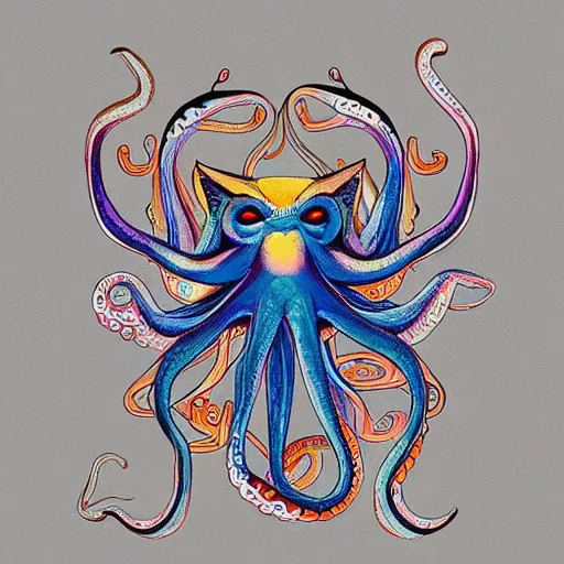 Image similar to “painted octopus fox, dotart, album art in the style of James Jean”