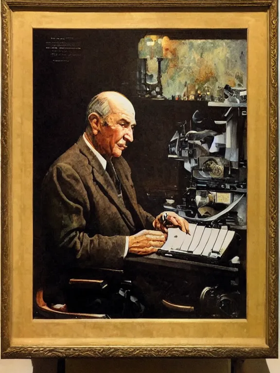 Prompt: portrait of robert a heinlein sitting at a typewriter, in a style blend of norman rockwell and frederick remington and mort kunstler, oil painting, volumetric lighting, intricate details