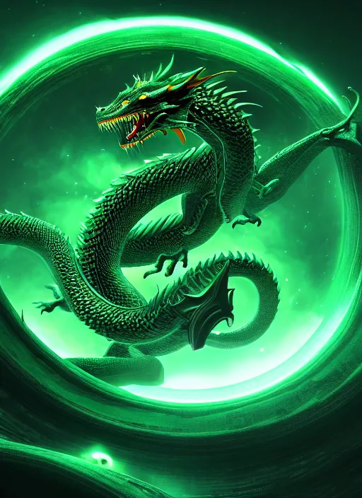 Image similar to portrait of the emerald dragon Ouroboros rotating around the core of the Universe + dim volumetric lighting, 8k octane beautifully detailed render, post-processing, extremely hyperdetailed, intricate, epic composition, grim yet sparkling atmosphere, cinematic lighting + masterpiece, trending on artstation