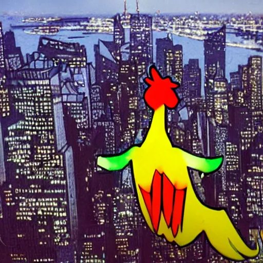 Image similar to a neonpunk avatar chicken, flying over new york