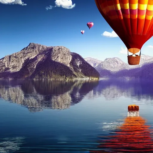 Prompt: photo of two black swans swimming in a beautiful reflective mountain lake, touching heads, forming a heart with their necks, a colorful hot air balloon is flying above the swans, hot air balloon, intricate, portrait, 8k highly professionally detailed, HDR, CGsociety, octane render, 4k