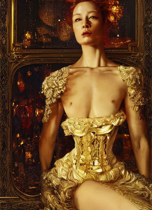 Prompt: highly detailed oil painting | very intricate | cinematic lighting | award - winning | tokyo cityscape fashion by alexander mcqueen | by roberto ferri, by tom bagshaw, by j. c. leyendecker and klimt, american romanticism, by austin osman spare, artstation, cgsociety, official art, octane