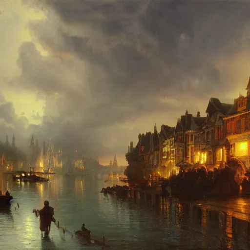 Image similar to detailed painting of lake town from lord of the rings retroscifi interior, volumetrics lights, beam of bright lights through the clouds, andreas achenbach