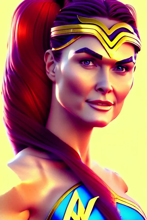 Image similar to portrait of a mix of beautiful young maria shriver, mariel hemmingway, brooke shields and elle macpherson as wonderwoman, thin lips, hair tied up in a pony tail, colorful artstation, cgsociety