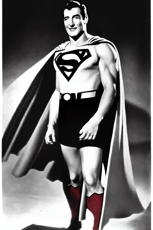 Image similar to rock hudson playing superman in, superhero, dynamic, 3 5 mm lens, heroic, studio lighting