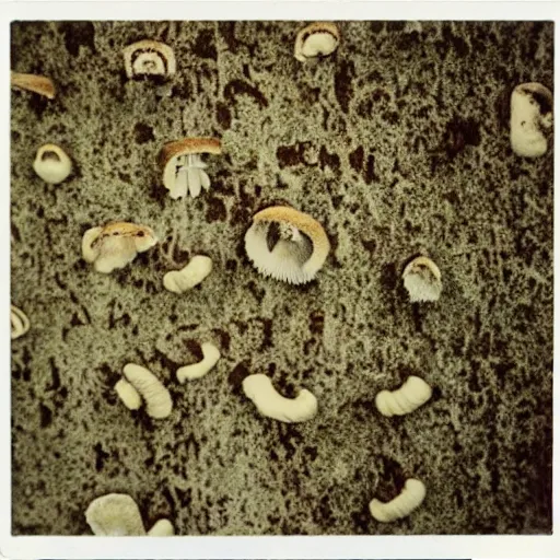 Prompt: a polaroid photograph of a wall covered in various different kinds of mold and sparsely populated by mushrooms and their mycelium, award winning photograph