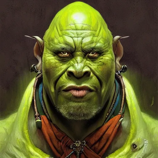 Image similar to “portrait of an orc (green skin) oracle wearing robes and a blindfold, D&D character, highly detailed, digital fantasy character painted portrait, artstation, concept art, sharp focus, illustration, art by artgerm and greg rutkowski and alphonse mucha and craig mullins and James Jean and Andrei Riabovitchev and Marc Simonetti and peter mohrbacher”