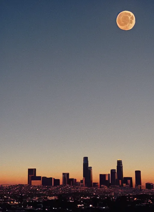 Prompt: the moon hangs low in the sky over downtown los angeles, dusk, photography, cinematic, tarantino, 7 0 mm film