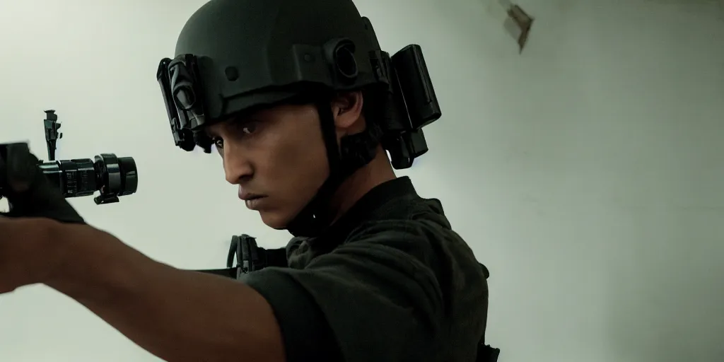 Image similar to vfx film, swat team squad crew, breach and clear, gang house, flat color profile low - key lighting award winning photography arri alexa cinematography, cinematic beautiful natural skin, famous face, atmospheric cool color - grade