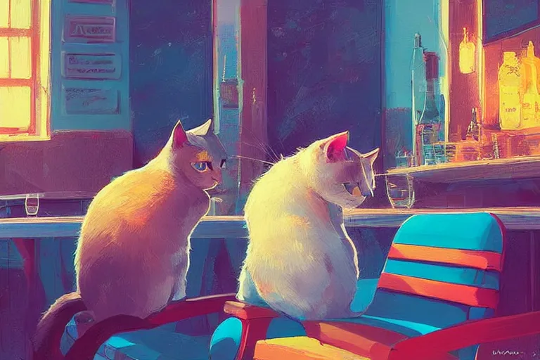 Image similar to a digital art of a cat sits on a chair in a bar in the afternoon, the sun shines in, animal, light effect, highly detailed, by anton fadeev