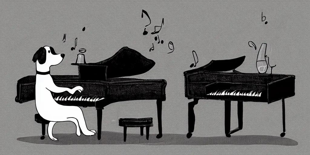Image similar to cute a brown and white Spaniel playing a grand piano, illustration, b&w, fantasy