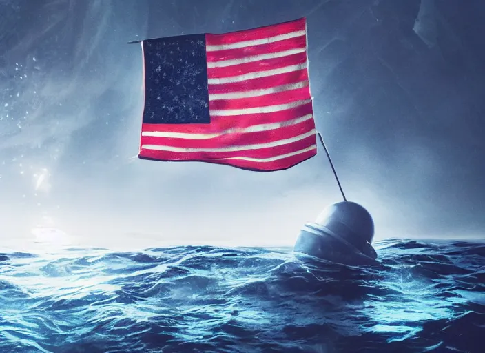 Prompt: dramatic photo of an astronaut underwater putting a flag on the bottom of the ocean. in the background, a submarine is visible. dark, concept art, cinematic, dramatic, blender, photorealistic, octane render, 8 k, volumetric lighting, dim lighting, trending on artstation