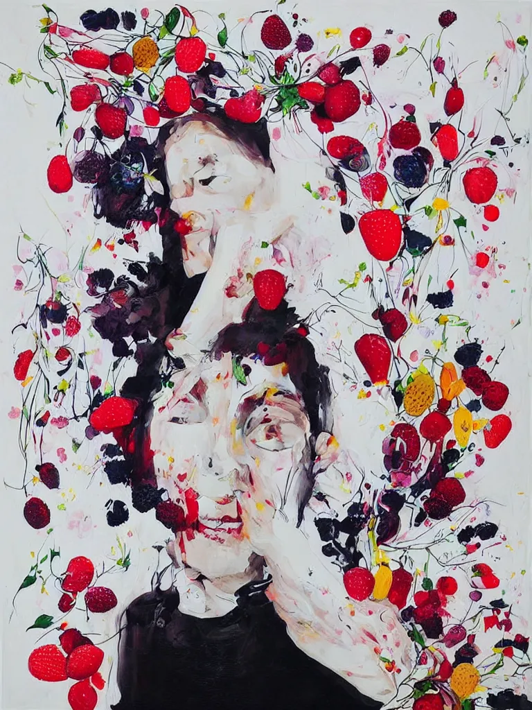 Prompt: “art in an Australian artist’s apartment, portrait of a woman wearing white cotton cloth, eating luscious fresh raspberries and strawberries and blueberries, surrealist, white wax, edible flowers, Japanese pottery, ikebana, black walls, acrylic and spray paint and oilstick on canvas”
