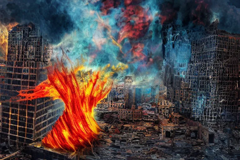 Prompt: destructive fire tornado in the city, photorealistic, highly detailed, sharp focus, vivid, colorful, symmetrical, random, convoluted, mind - blowing, creative, fully functional, end of the world, physics defying