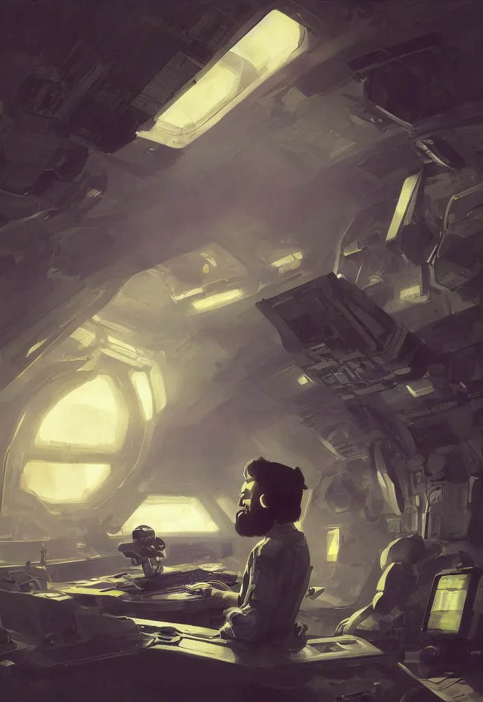 Image similar to a spaceship pilot with black beard working on a computer, painting by Craig Mullins, octane rendering, soft morning lighting, wide angle lens, in the style of Hayao Miyazaki, trending on artstation,