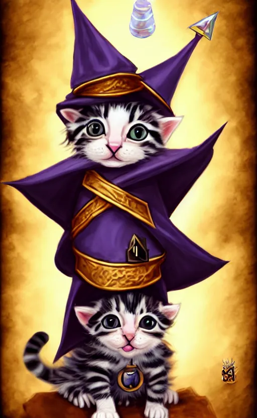 Image similar to a kitten wearing wizard robes and wizard hat, dungeons and dragons character art, dnd, character reveal, magic, posing, noble, full body portrait, high resolution, detailed, inspiring, award - winning, clear, crisp, sharp