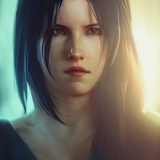 Image similar to Tifa Lockhart portrait, atmospheric lighting, painted, intricate, volumetric lighting, beautiful, golden hour, sharp focus, ultra detailed, by Leesha Hannigan, Ross Tran, Thierry Doizon, Kai Carpenter,Ignacio Fernández Ríos