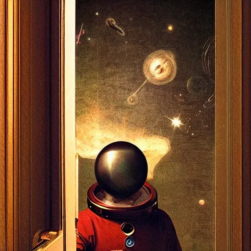 Image similar to 4 k, hyper - realism, distant shot, extra - details, psychedelic astronaut opening door that leads to the universe by davinci.