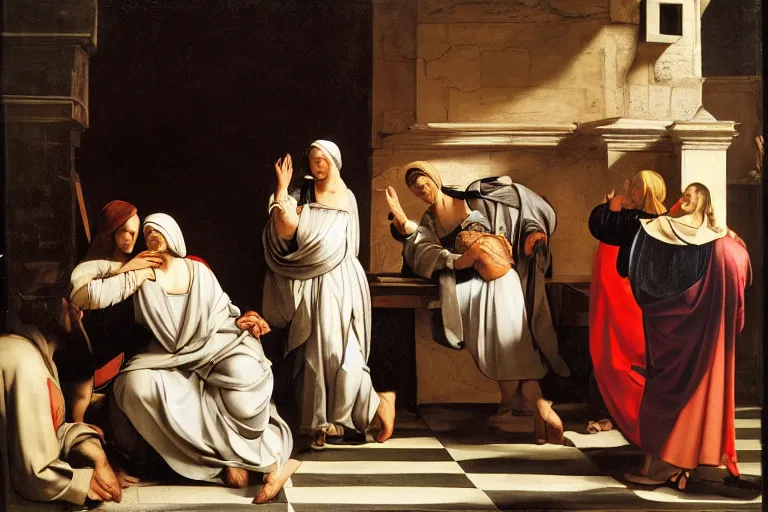 Prompt: 3 women at the tomb of jesus, caravaggio, rubens, pieter de hooch, ary scheffer