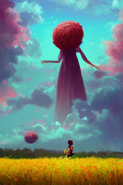 Image similar to giant flower head, girl walking in a flower field, surreal photography, sunrise, dramatic light, impressionist painting, colorful clouds, digital painting, artstation, simon stalenhag