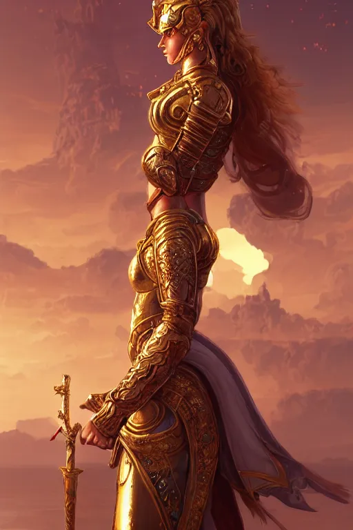 Image similar to portrait knights of zodiac girl, golden and copper shining armor, karate pose in ruined agora of athens sunrise, ssci - fi and fantasy, intricate and very very beautiful and elegant, highly detailed, digital painting, artstation, concept art, smooth and sharp focus, illustration, art by tian zi and wlop and z - - ed