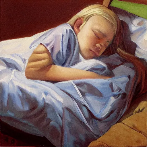 Image similar to an oil painting of a young boy with long blonde hair sleeping in bed with a checkered comforter