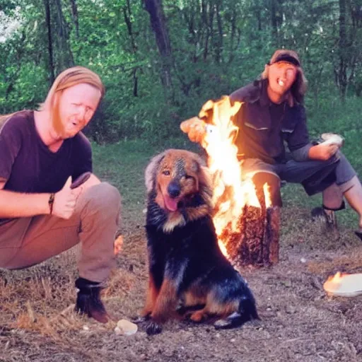 Image similar to photo of hillbilly with long blonde hair and an australian shepherd dog around a bonfire, symmetric face